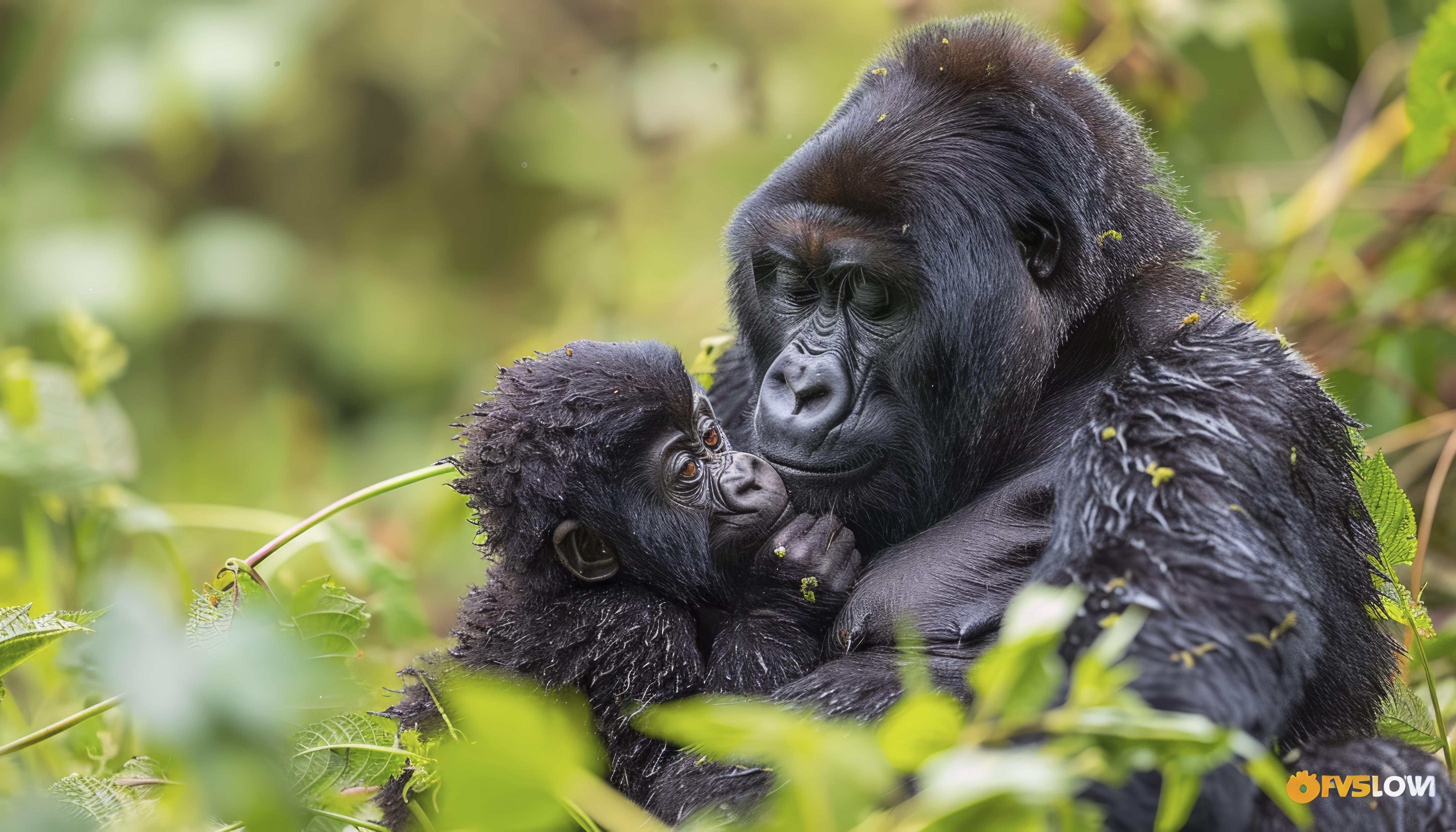 Mother mountain gorilla cuddling her baby in the misty jungle of Bwindi Impenetrable National Park